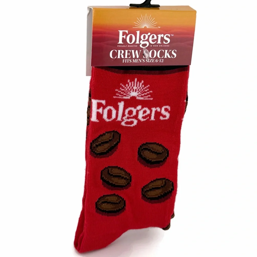 Folgers Novelty Crew Socks with Coffee Beans Pattern